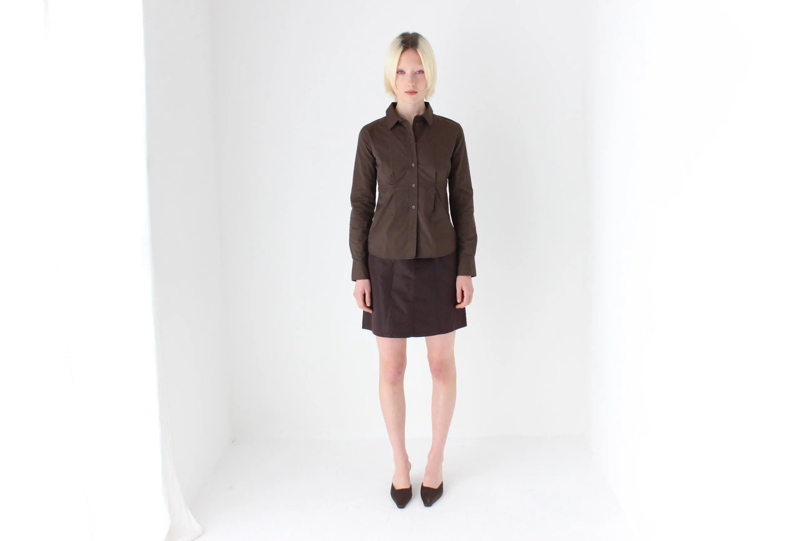 2000s Chocolate Cotton Spandex Button Up