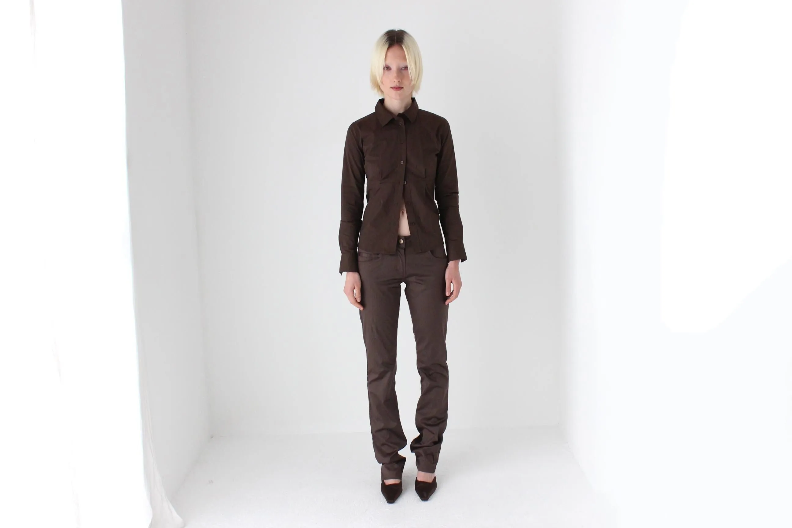 2000s Chocolate Cotton Spandex Button Up