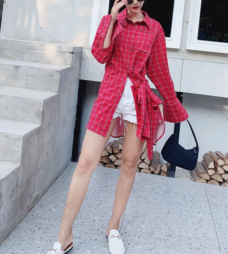 8GIRLS DESIGN LONGLINE CHECK SHIRT IN RED