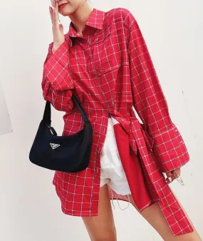 8GIRLS DESIGN LONGLINE CHECK SHIRT IN RED
