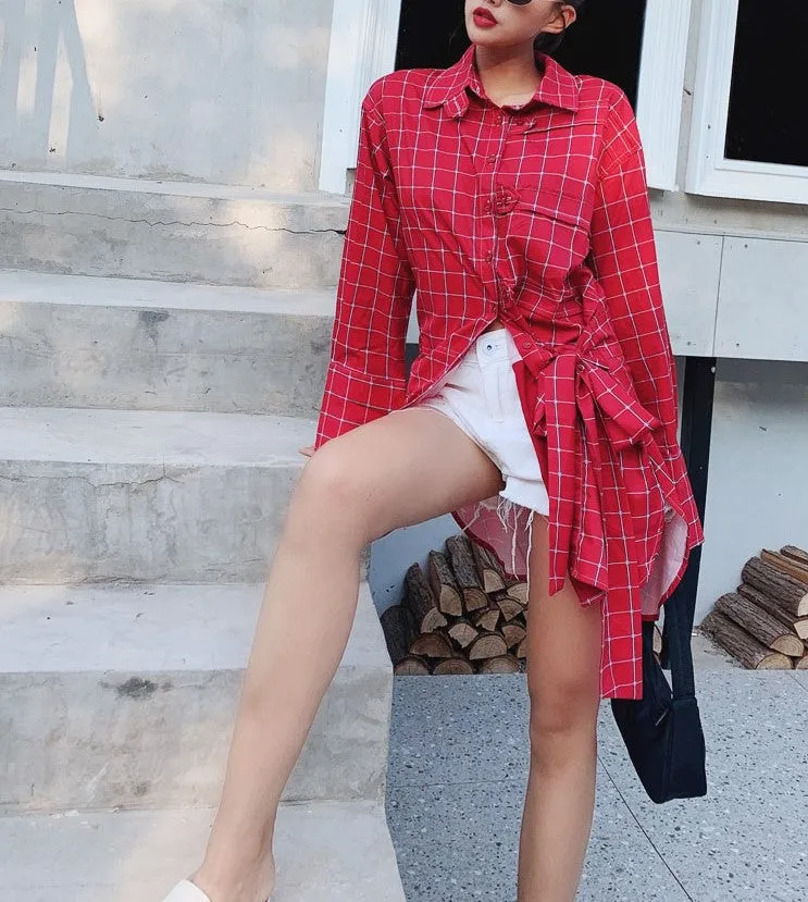 8GIRLS DESIGN LONGLINE CHECK SHIRT IN RED