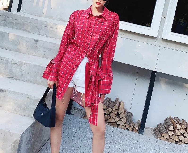8GIRLS DESIGN LONGLINE CHECK SHIRT IN RED
