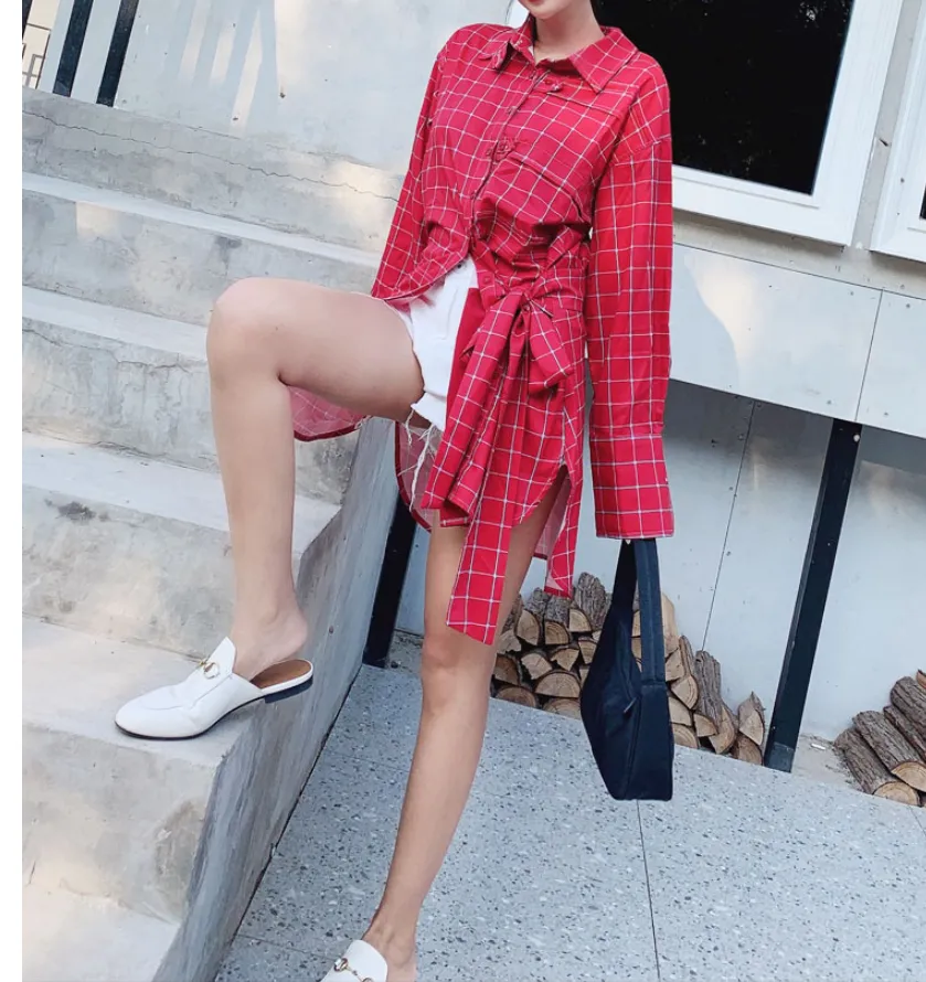 8GIRLS DESIGN LONGLINE CHECK SHIRT IN RED