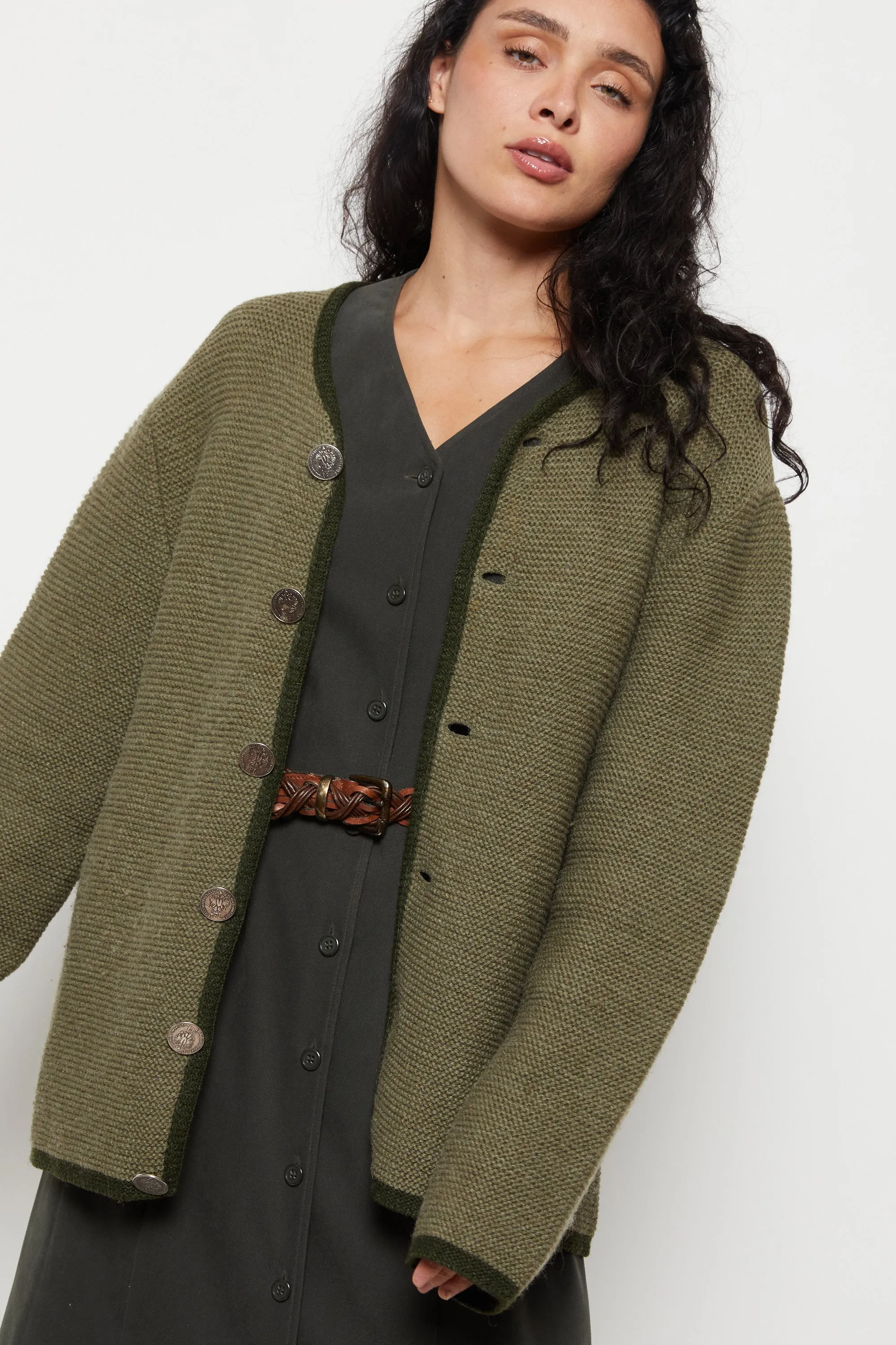 90s Khaki Wool Cardigan L