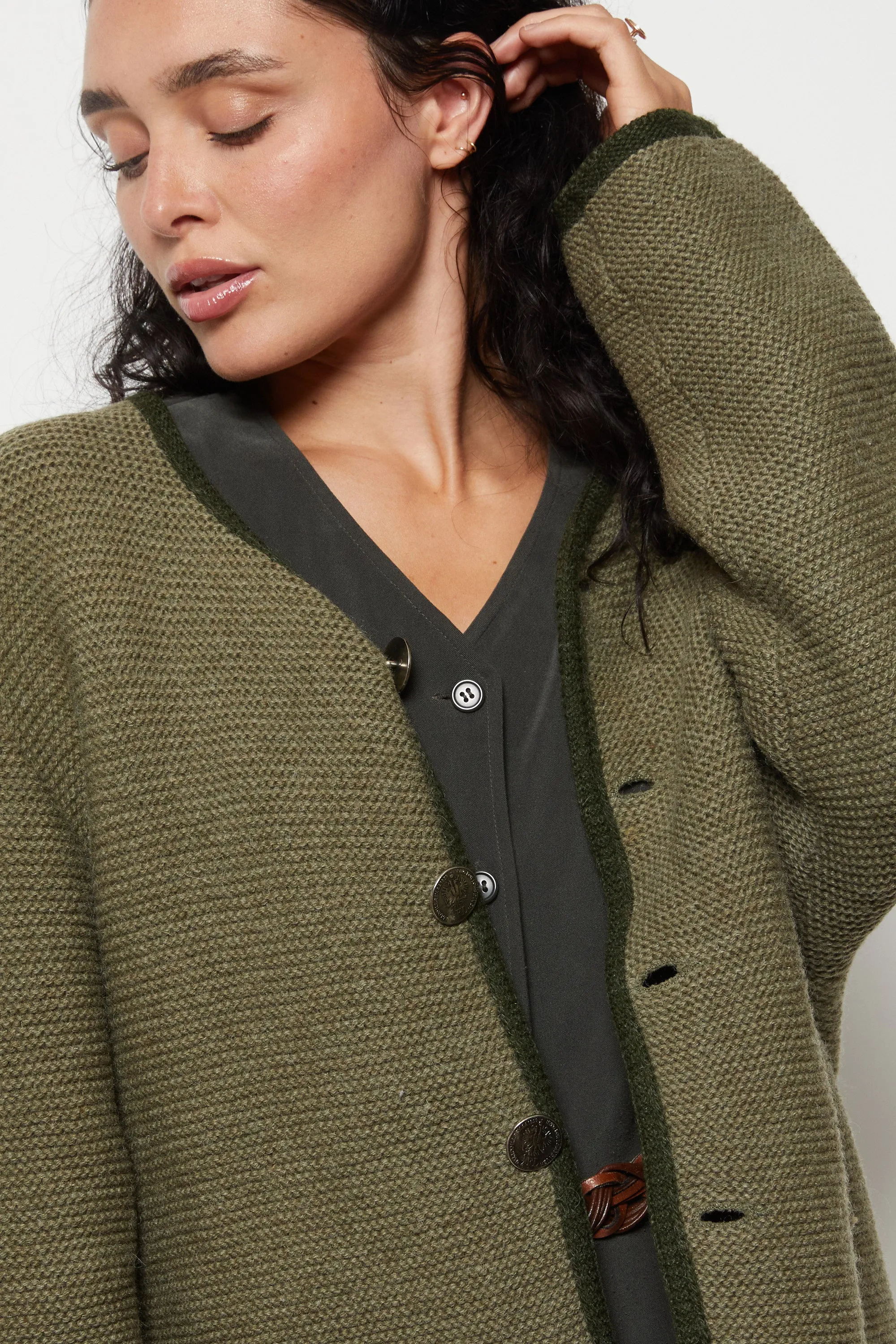 90s Khaki Wool Cardigan L