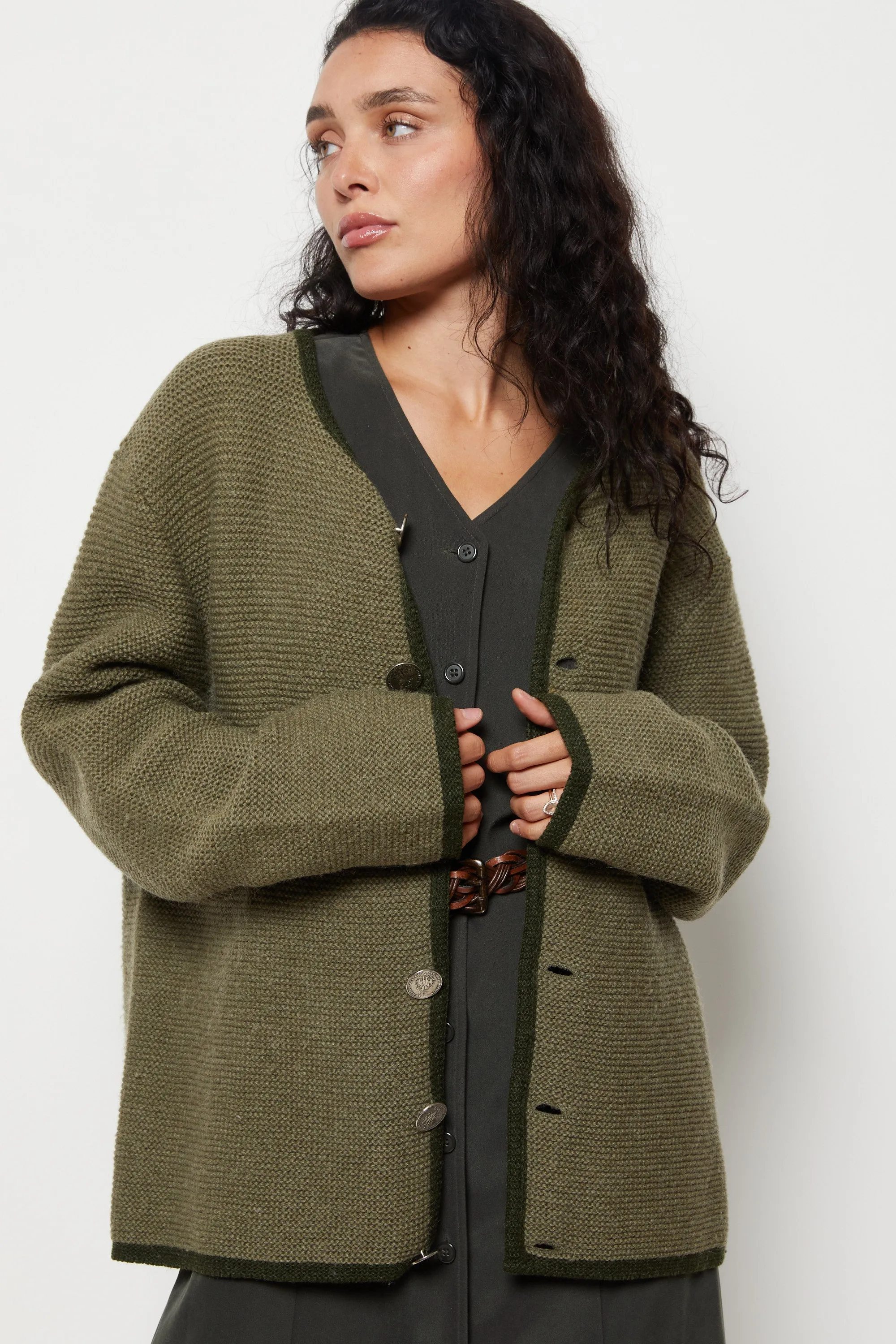 90s Khaki Wool Cardigan L