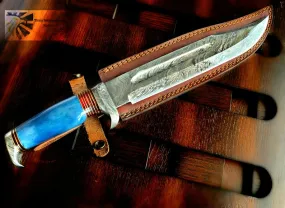 A 15"Inch Custom HandMade Forged Damascus Steel Hunting Bowie Knife Fixed Blade Dyed Bone Handle W/Leather Sheath Full Tang