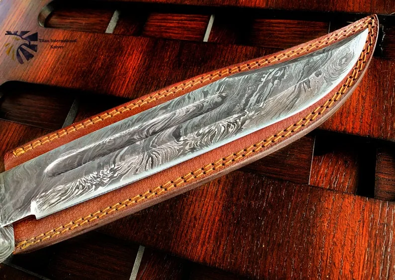 A 15"Inch Custom HandMade Forged Damascus Steel Hunting Bowie Knife Fixed Blade Dyed Bone Handle W/Leather Sheath Full Tang