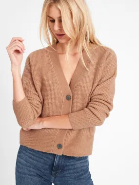 Aire Waffle-Knit Cardigan Sweater in Cool Beige