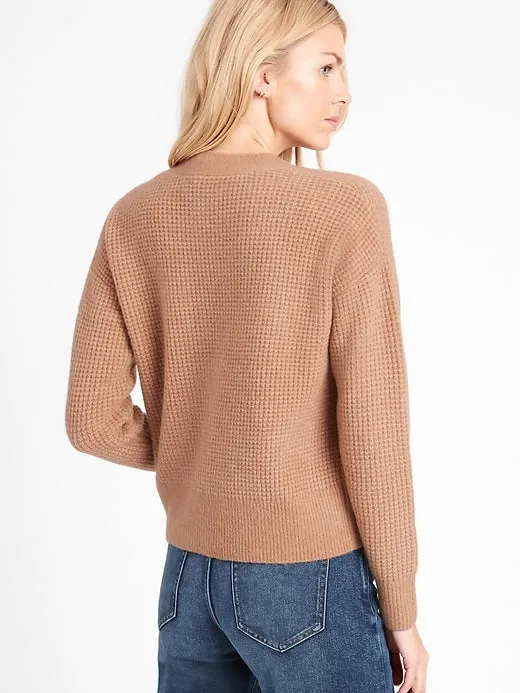 Aire Waffle-Knit Cardigan Sweater in Cool Beige