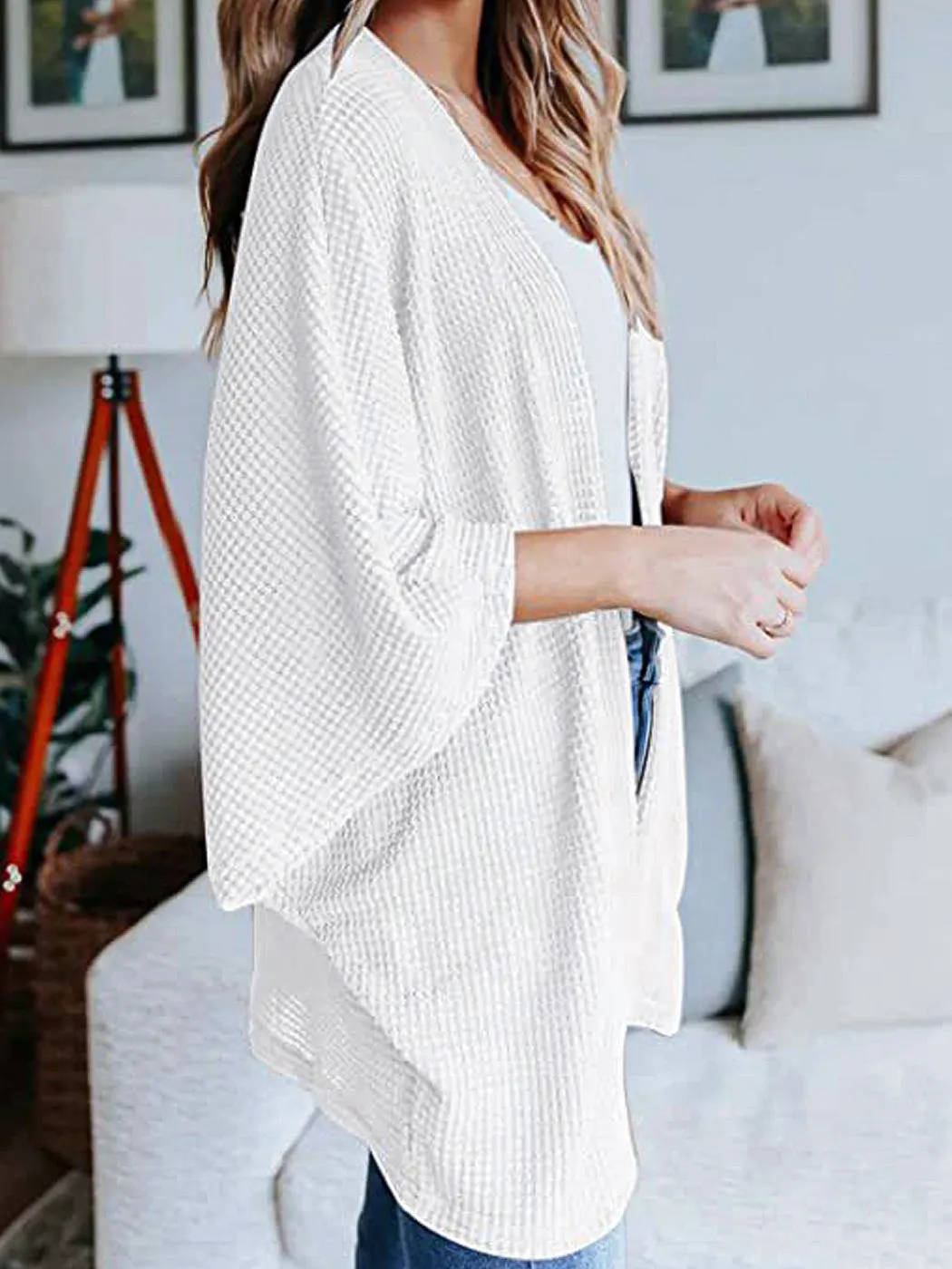 Anna-Kaci Women's Waffle Knit Kimono Cardigans Lightweight 3/4 Batwing Sleeve Sweater Beach Cover Up