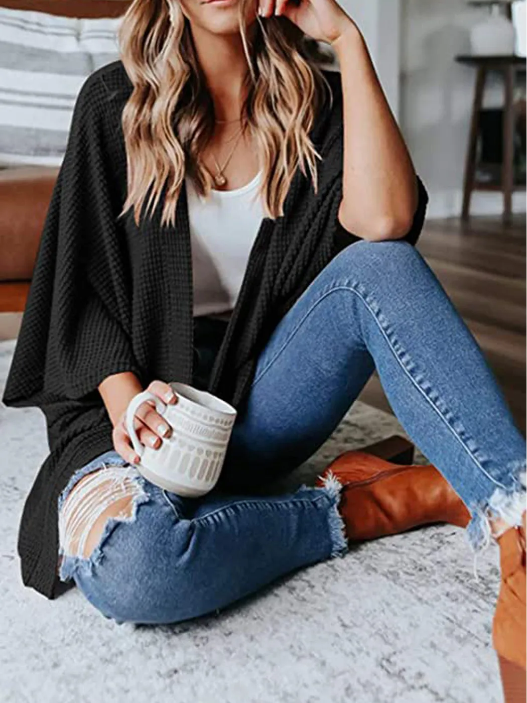 Anna-Kaci Women's Waffle Knit Kimono Cardigans Lightweight 3/4 Batwing Sleeve Sweater Beach Cover Up