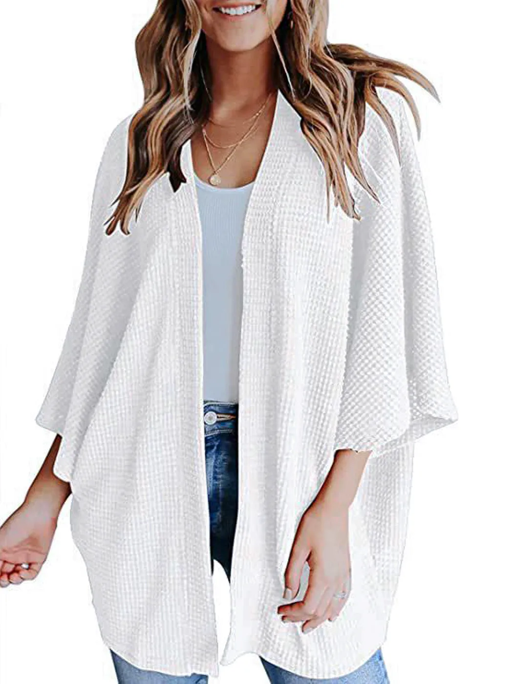 Anna-Kaci Women's Waffle Knit Kimono Cardigans Lightweight 3/4 Batwing Sleeve Sweater Beach Cover Up