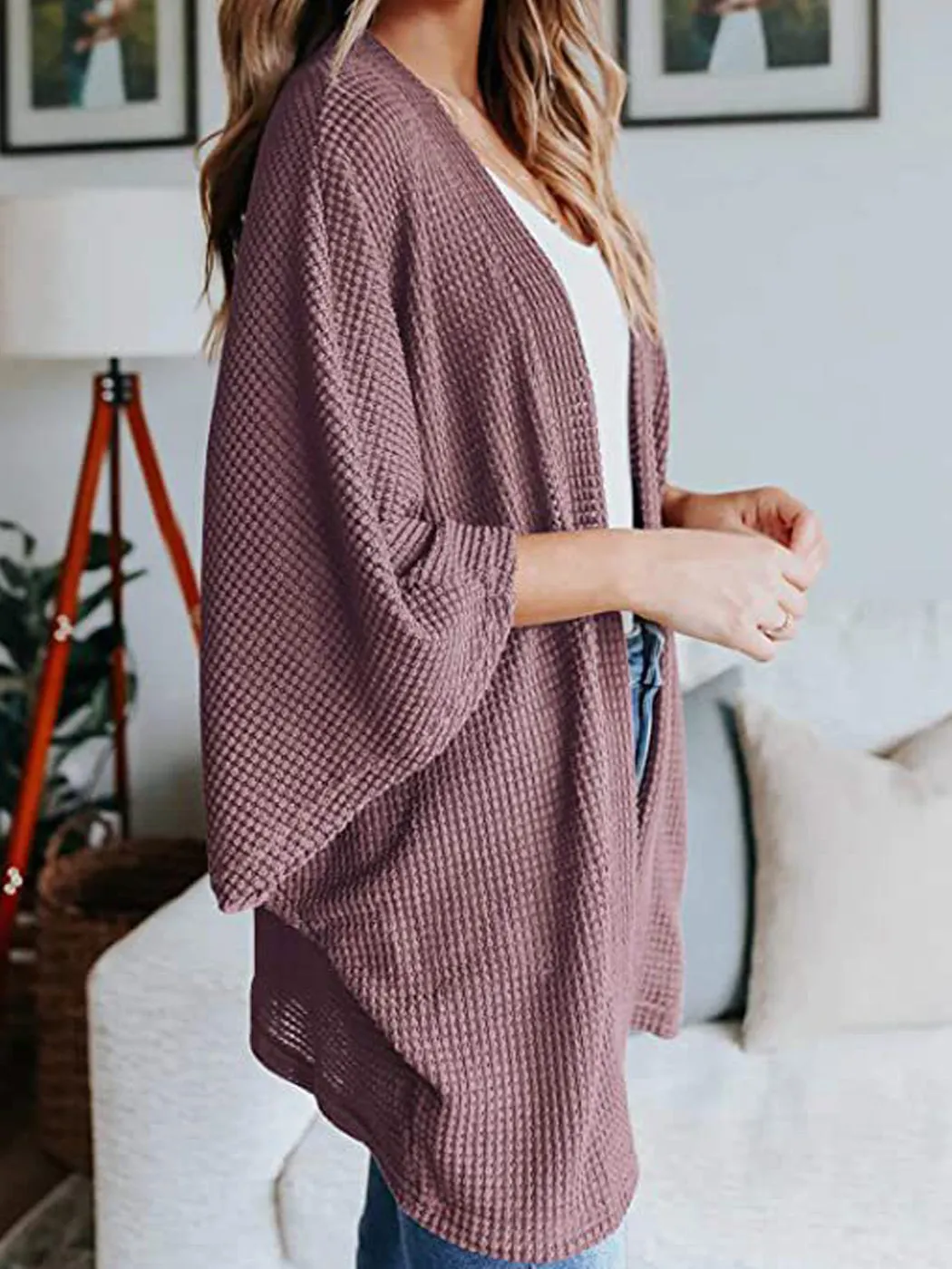 Anna-Kaci Women's Waffle Knit Kimono Cardigans Lightweight 3/4 Batwing Sleeve Sweater Beach Cover Up