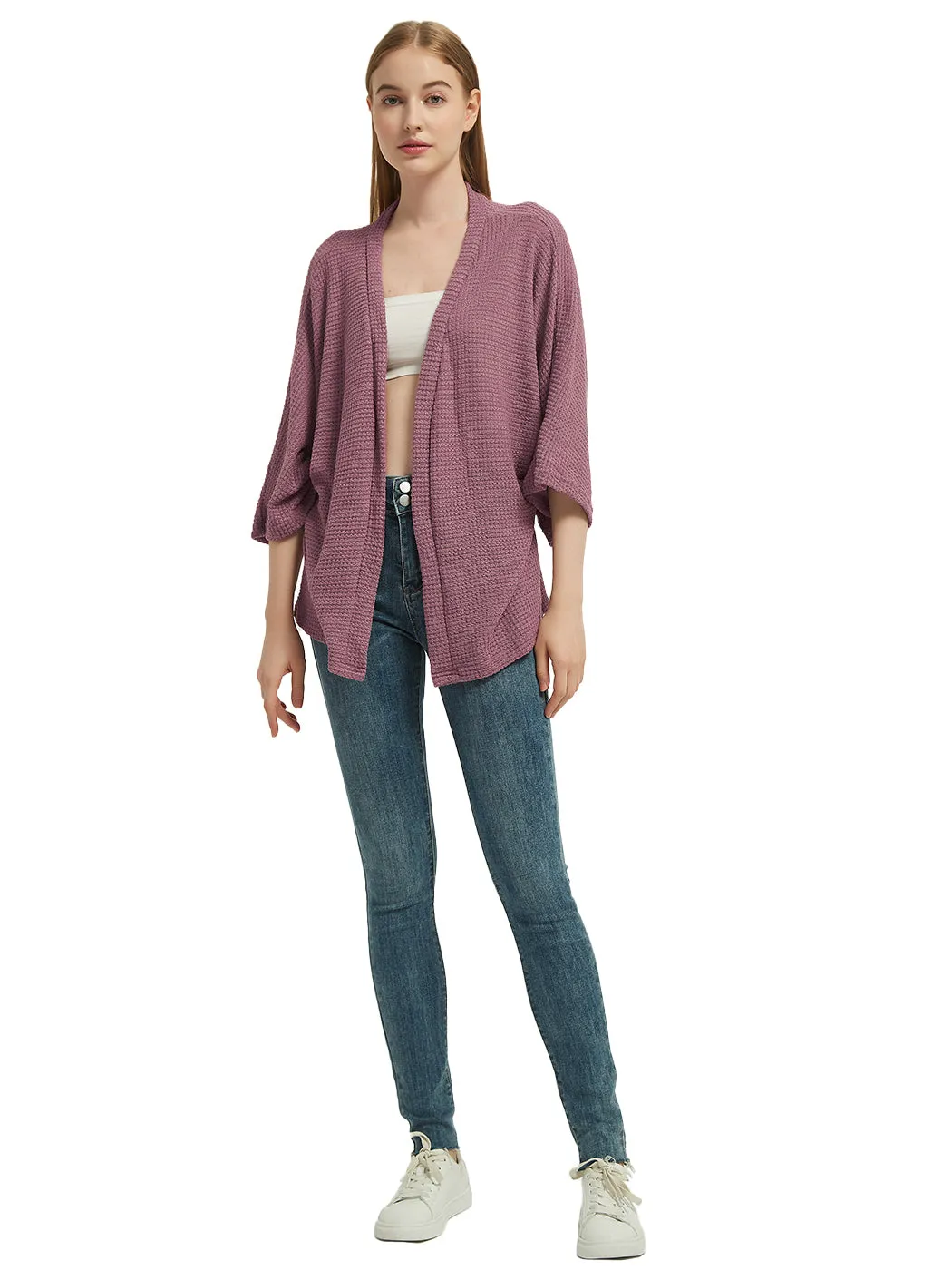Anna-Kaci Women's Waffle Knit Kimono Cardigans Lightweight 3/4 Batwing Sleeve Sweater Beach Cover Up