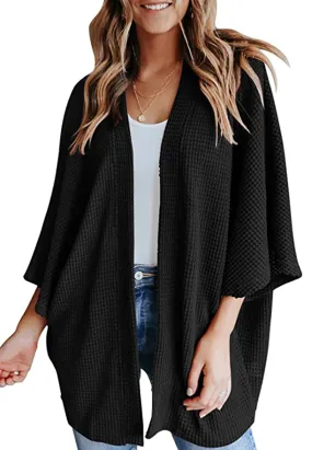 Anna-Kaci Women's Waffle Knit Kimono Cardigans Lightweight 3/4 Batwing Sleeve Sweater Beach Cover Up