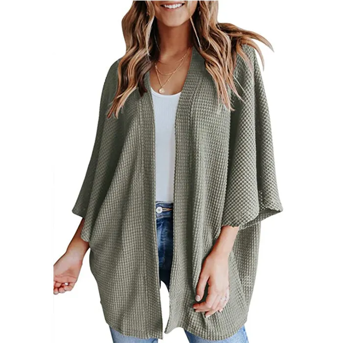 Anna-Kaci Women's Waffle Knit Kimono Cardigans Lightweight 3/4 Batwing Sleeve Sweater Beach Cover Up
