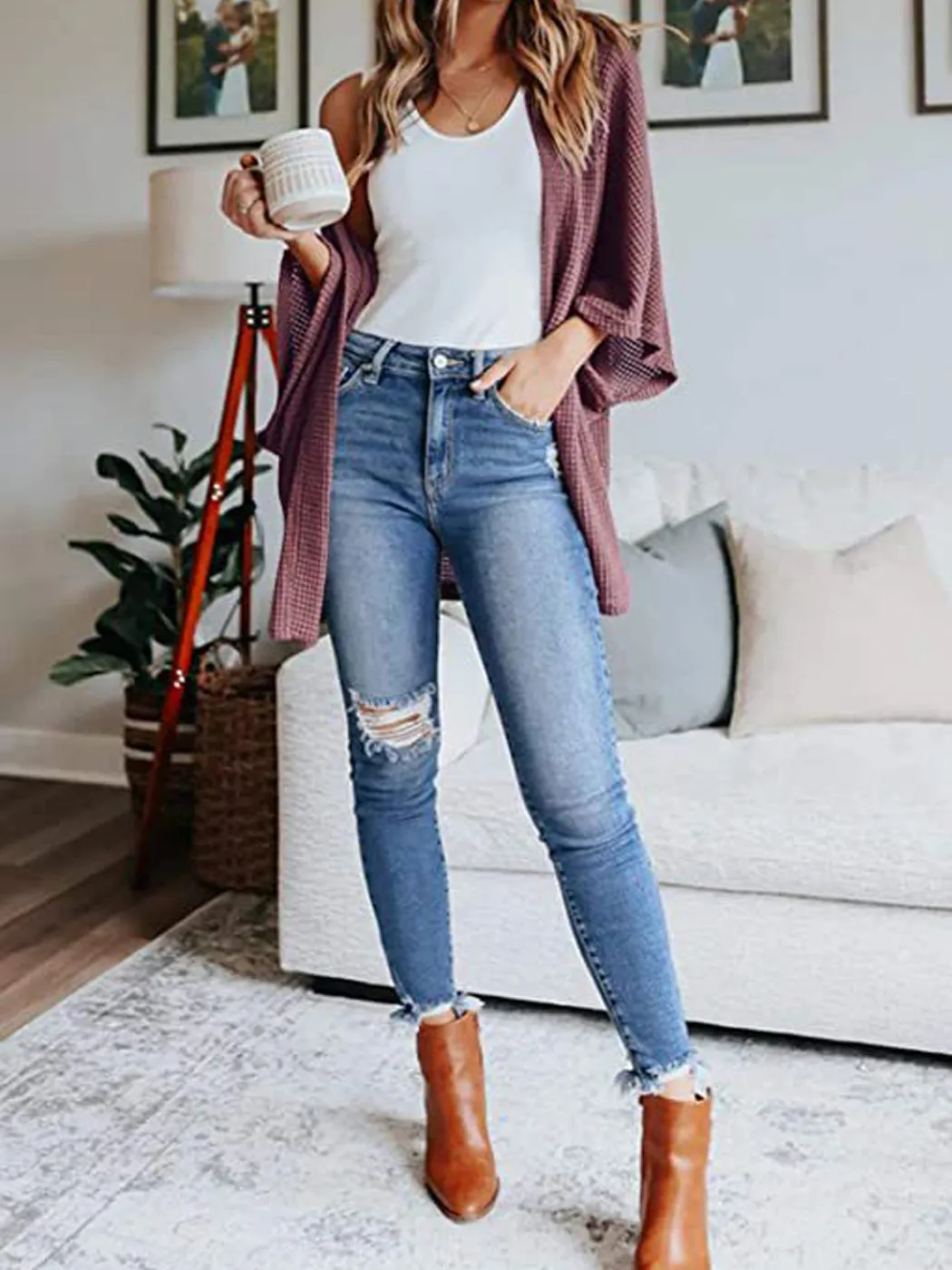 Anna-Kaci Women's Waffle Knit Kimono Cardigans Lightweight 3/4 Batwing Sleeve Sweater Beach Cover Up