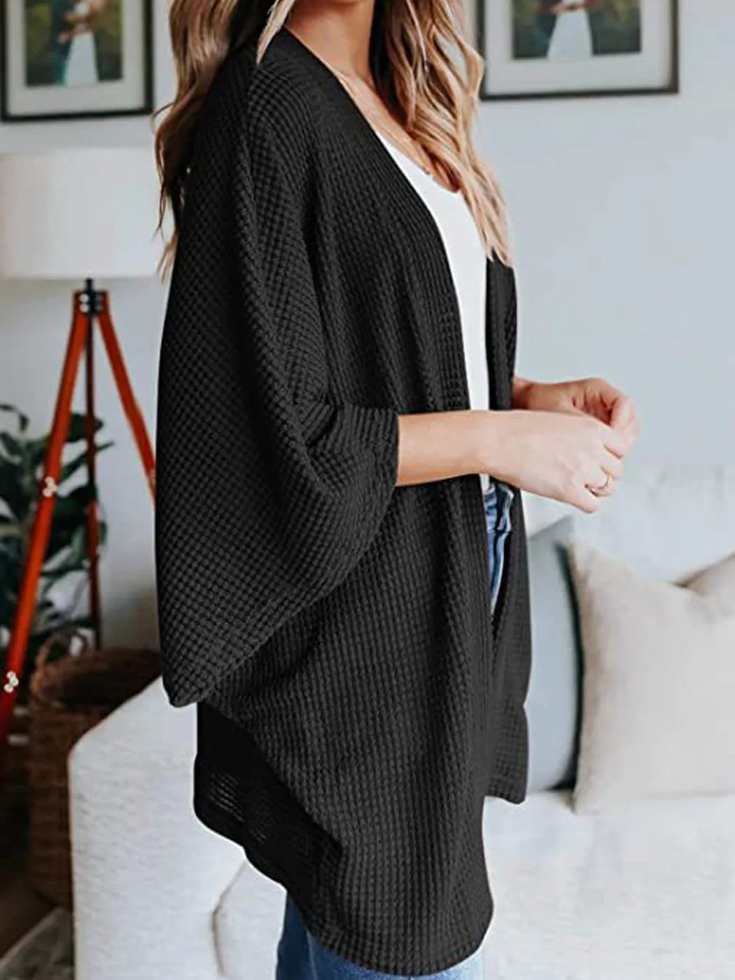 Anna-Kaci Women's Waffle Knit Kimono Cardigans Lightweight 3/4 Batwing Sleeve Sweater Beach Cover Up