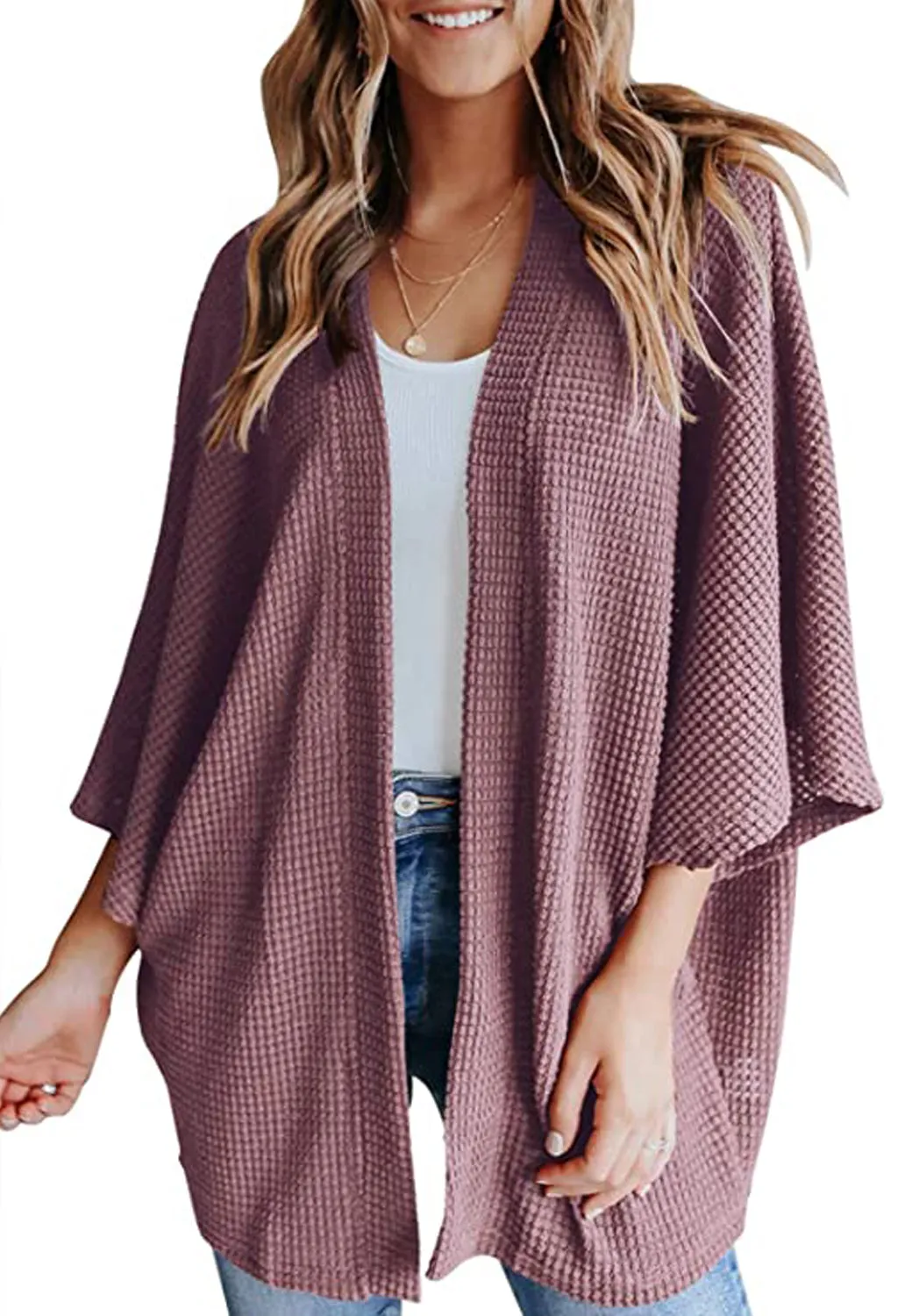 Anna-Kaci Women's Waffle Knit Kimono Cardigans Lightweight 3/4 Batwing Sleeve Sweater Beach Cover Up