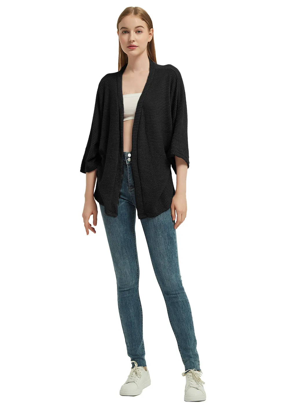 Anna-Kaci Women's Waffle Knit Kimono Cardigans Lightweight 3/4 Batwing Sleeve Sweater Beach Cover Up