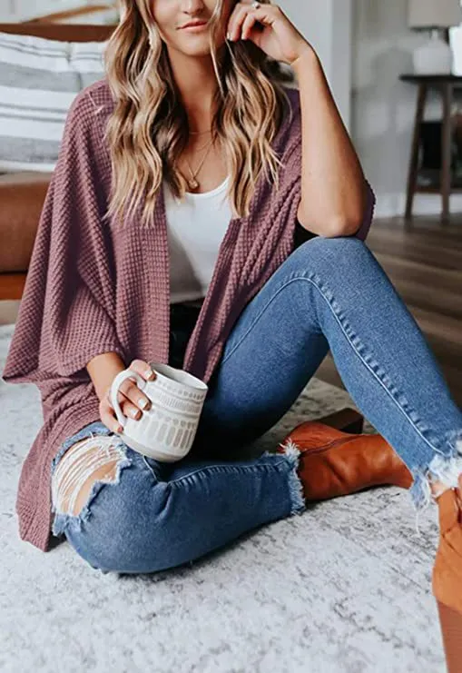 Anna-Kaci Women's Waffle Knit Kimono Cardigans Lightweight 3/4 Batwing Sleeve Sweater Beach Cover Up