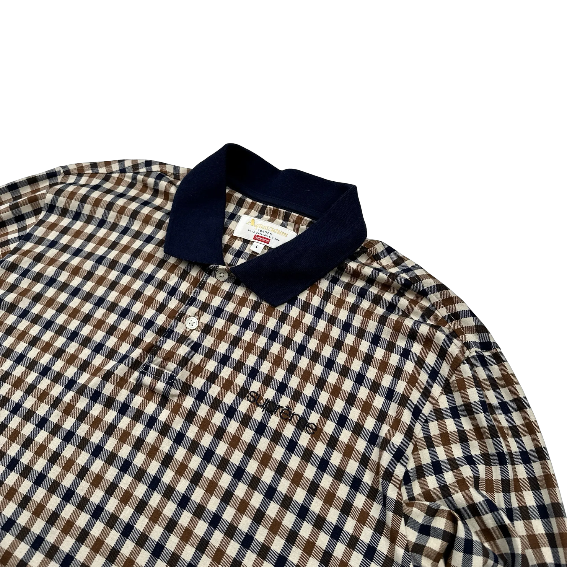 Aquascutum X Supreme Classic Checked Longsleeve Spellout Polo Shirt - Large