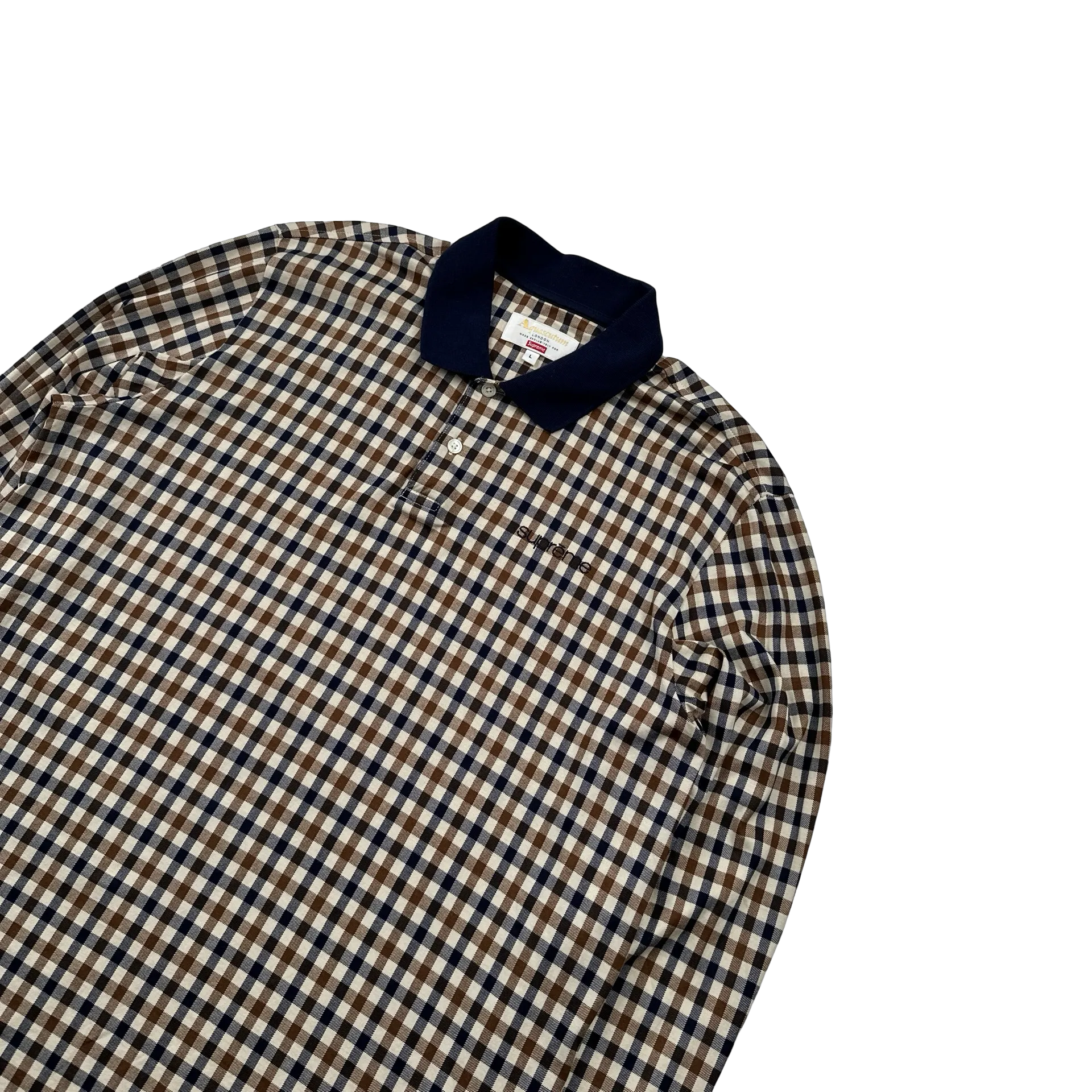 Aquascutum X Supreme Classic Checked Longsleeve Spellout Polo Shirt - Large