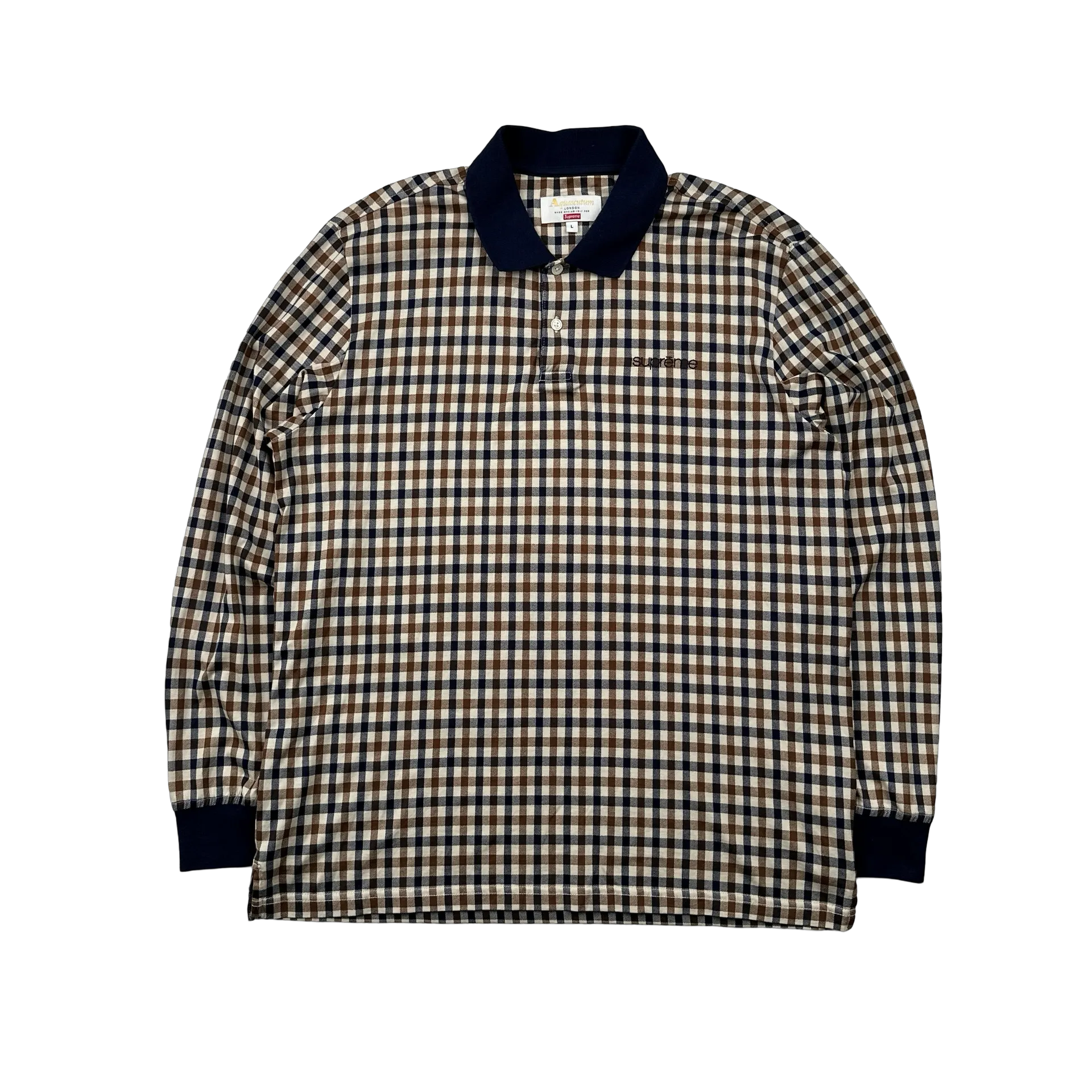 Aquascutum X Supreme Classic Checked Longsleeve Spellout Polo Shirt - Large