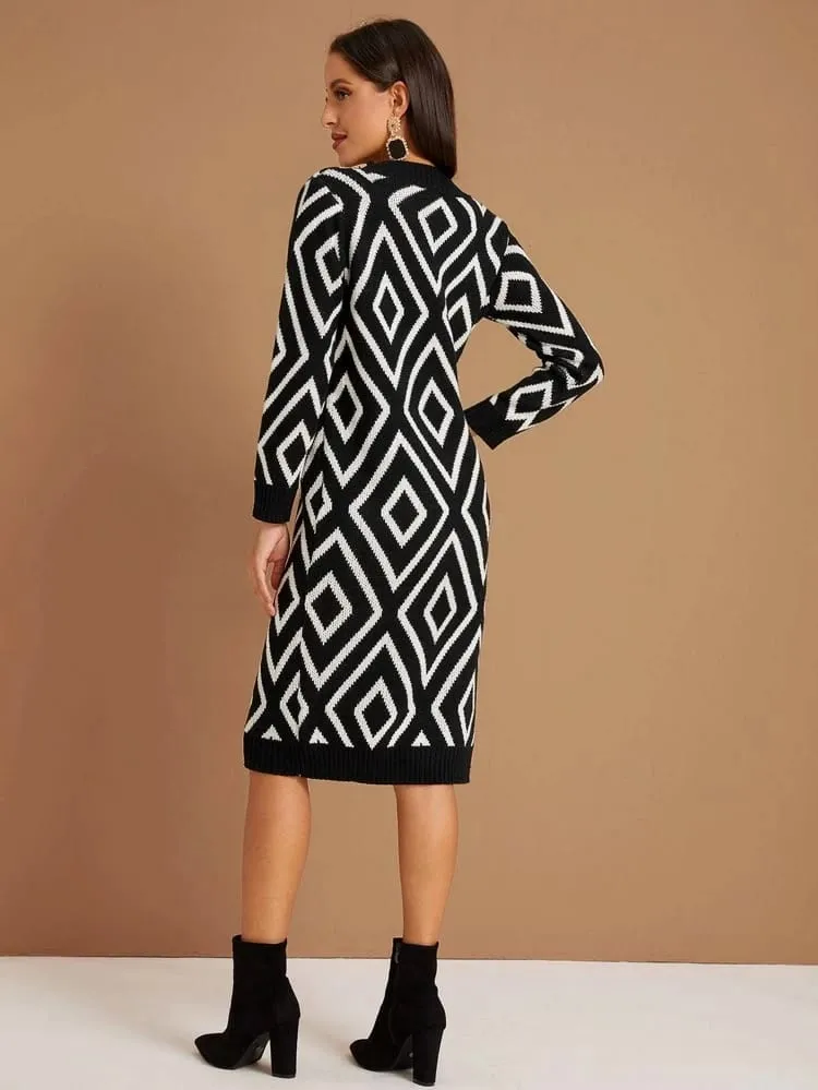 Argyle Print Crew Neck Sweater Dress
