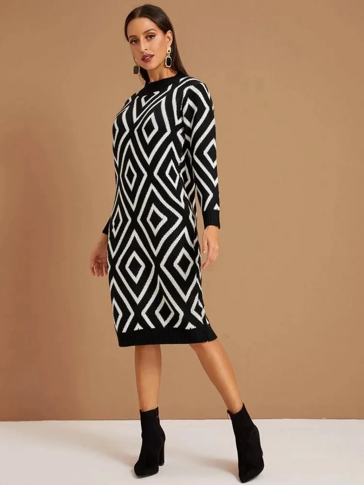 Argyle Print Crew Neck Sweater Dress