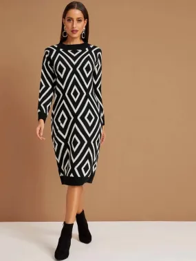 Argyle Print Crew Neck Sweater Dress