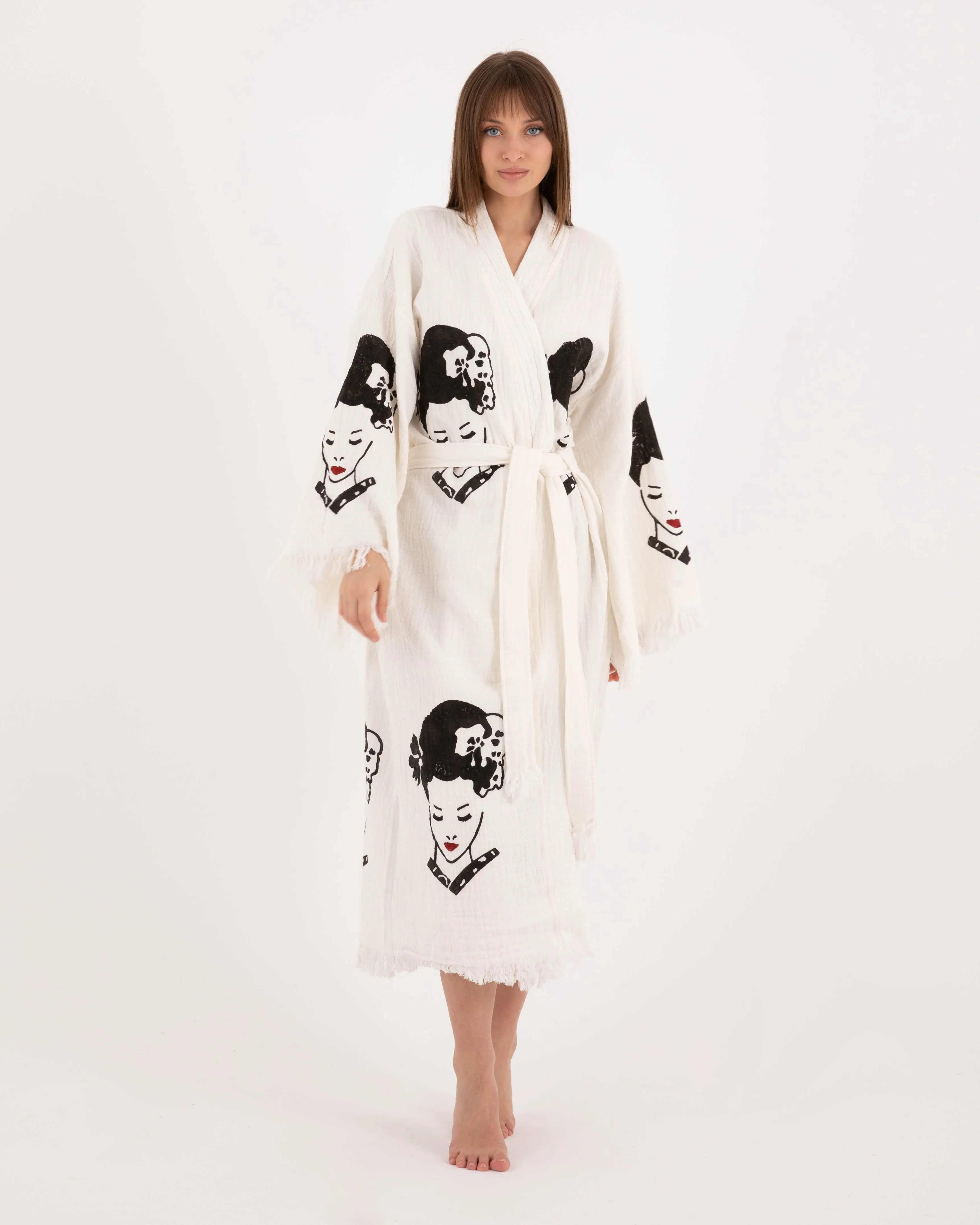 Asian Women's Patterned White Kimono