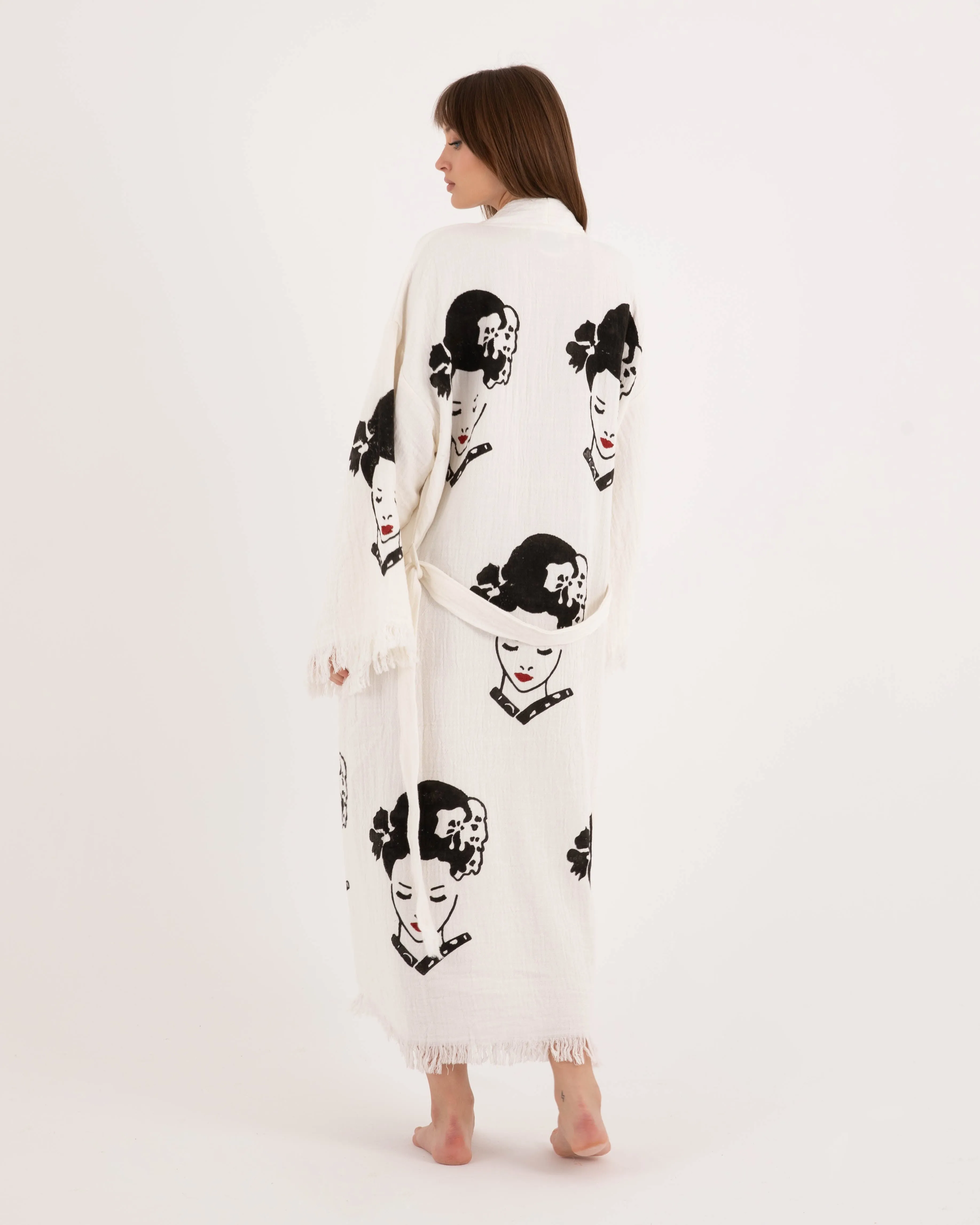 Asian Women's Patterned White Kimono