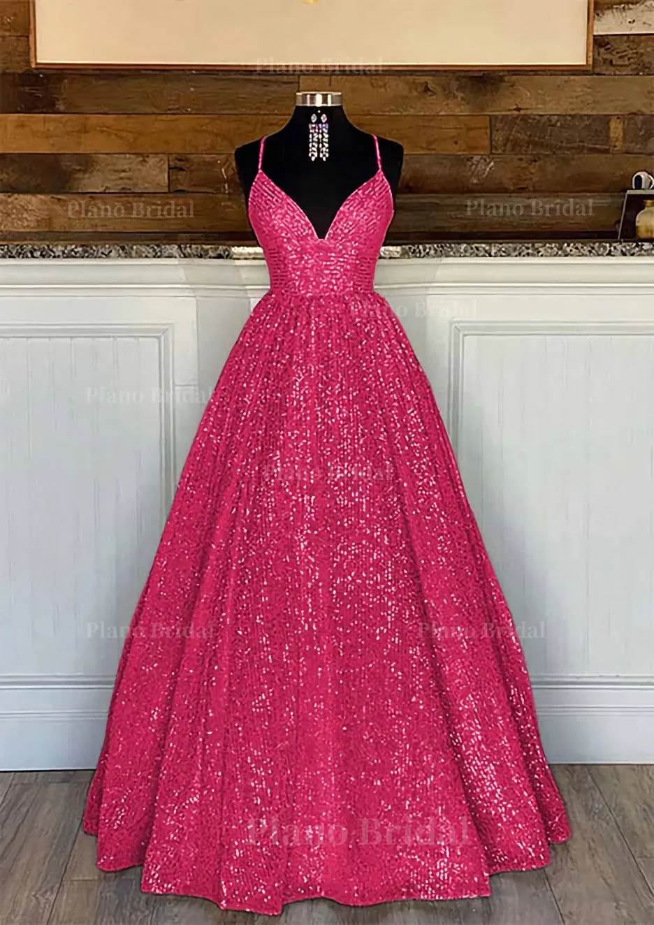 Ball Gown Sleeveless V Neck Long/Floor-Length Sequined Sparkling Prom Dress With Pleated