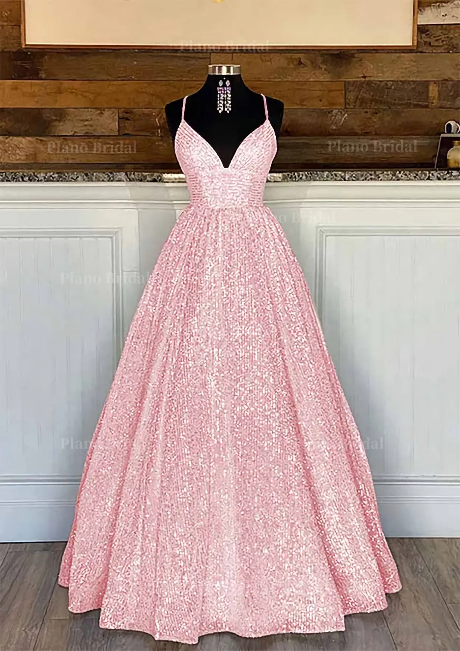Ball Gown Sleeveless V Neck Long/Floor-Length Sequined Sparkling Prom Dress With Pleated