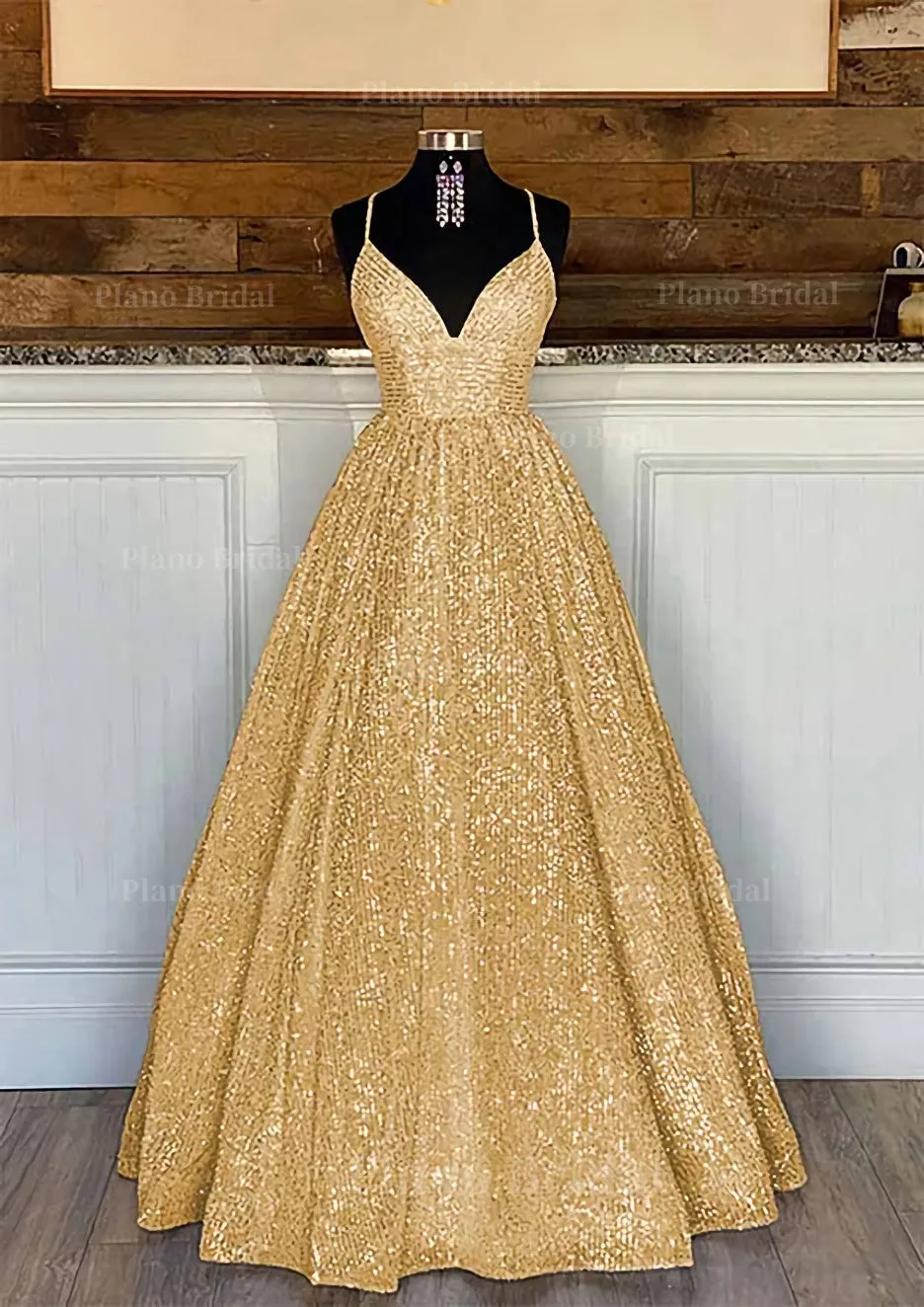 Ball Gown Sleeveless V Neck Long/Floor-Length Sequined Sparkling Prom Dress With Pleated