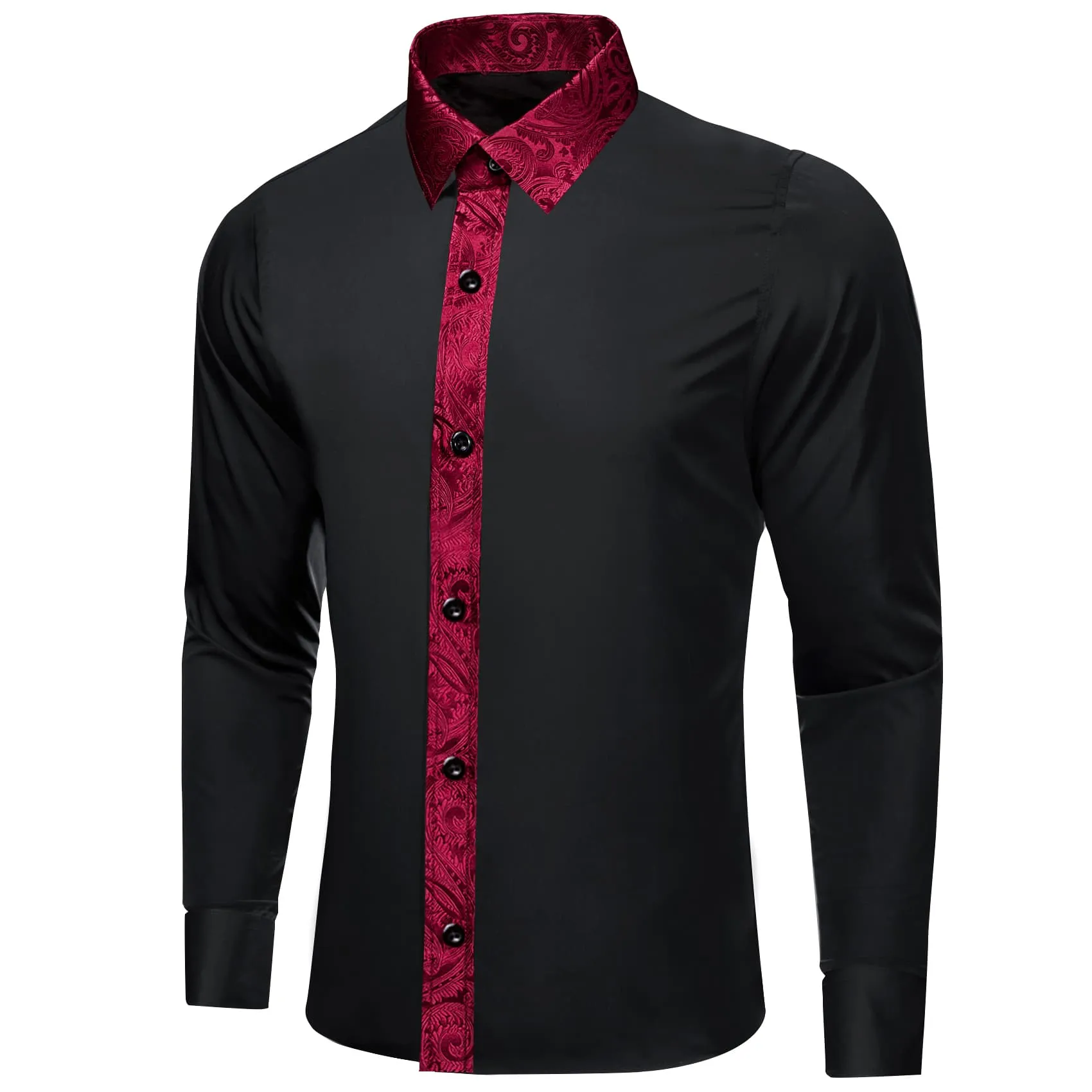 Barry Wang Black Splicing Shirt Dark Red Paisley Cuffs Button Up Shirt
