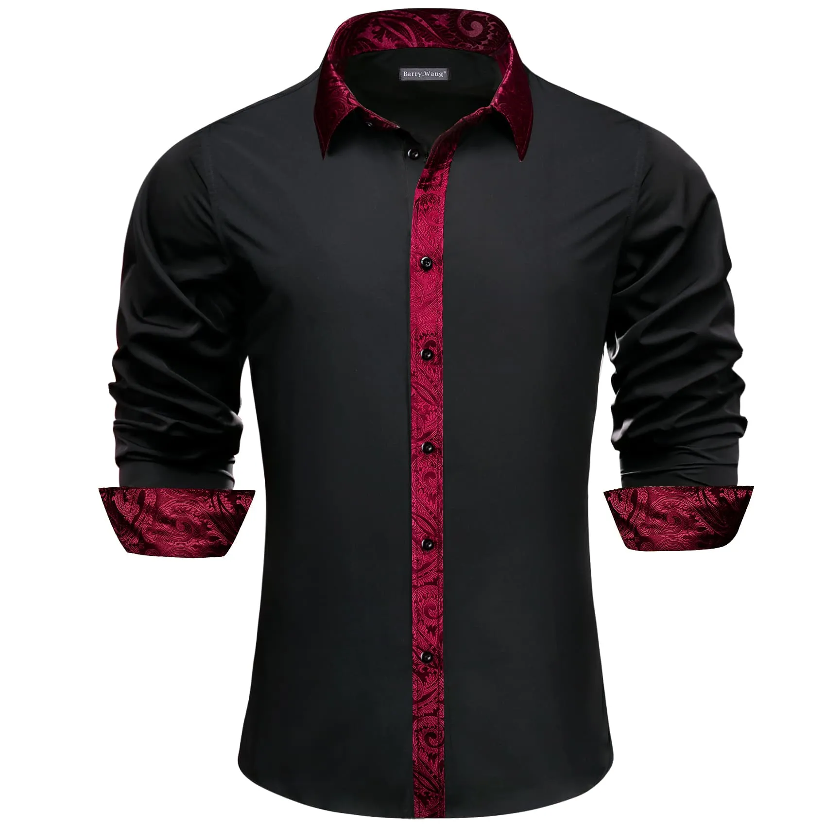Barry Wang Black Splicing Shirt Dark Red Paisley Cuffs Button Up Shirt