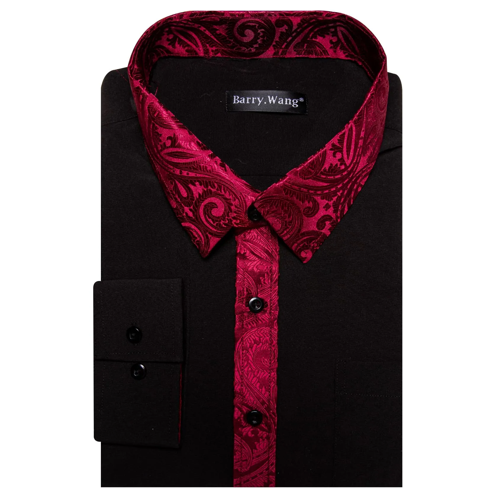 Barry Wang Black Splicing Shirt Dark Red Paisley Cuffs Button Up Shirt