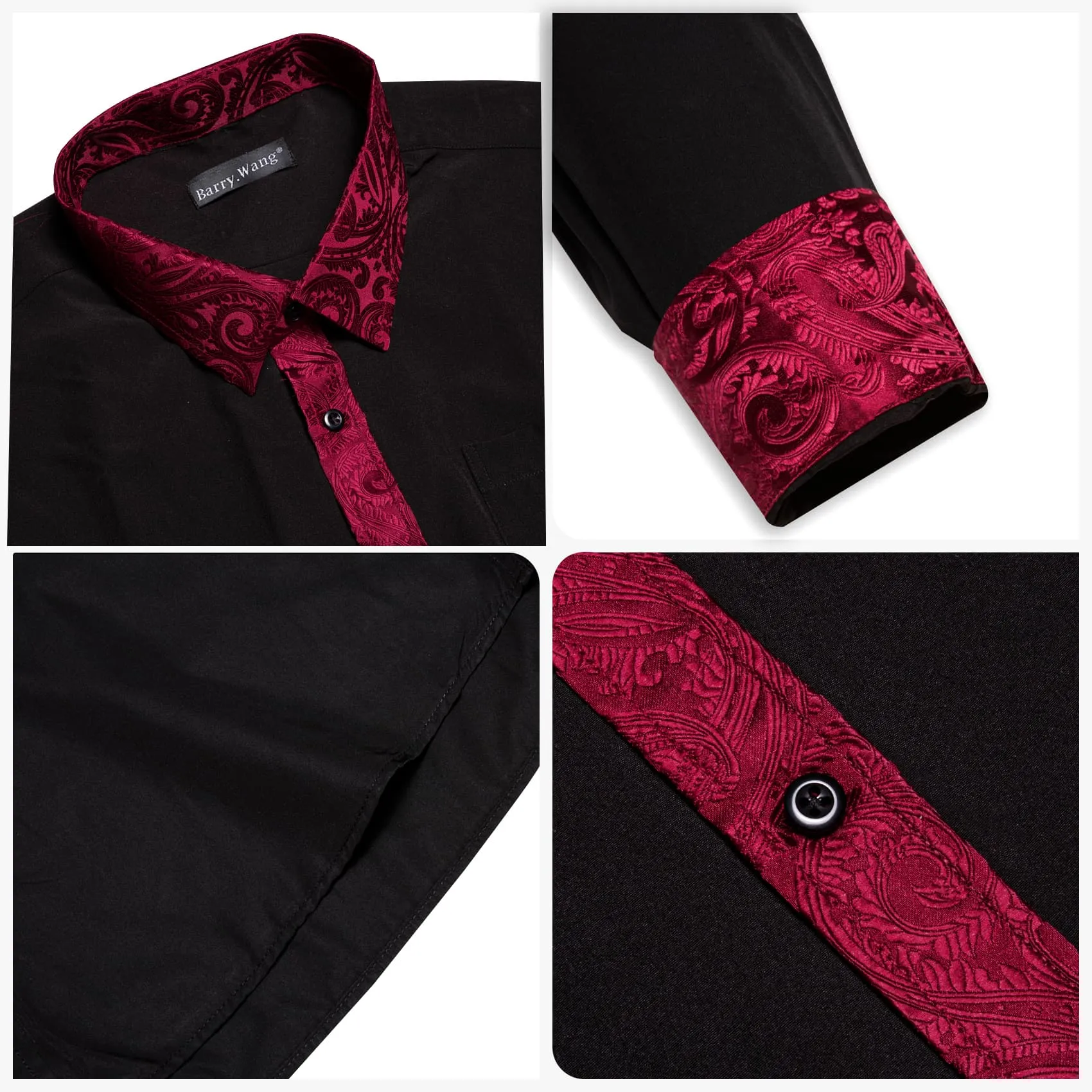 Barry Wang Black Splicing Shirt Dark Red Paisley Cuffs Button Up Shirt
