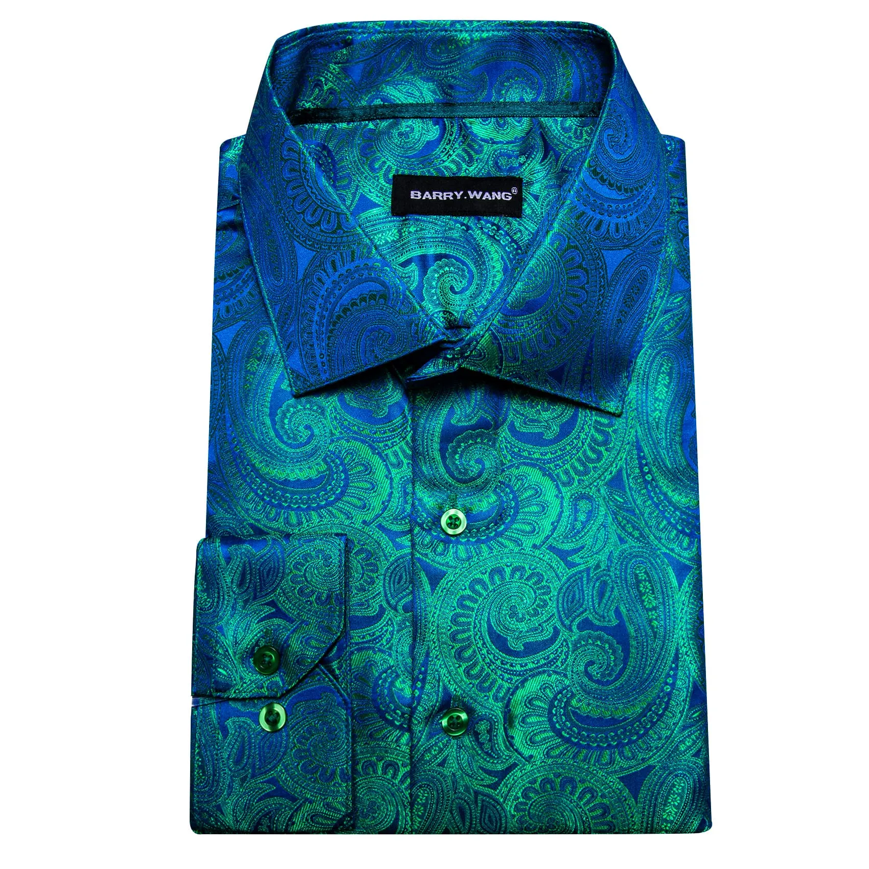 Barry Wang Blue Teal Green Shirt Men's Button Up Paisley Dress Shirt