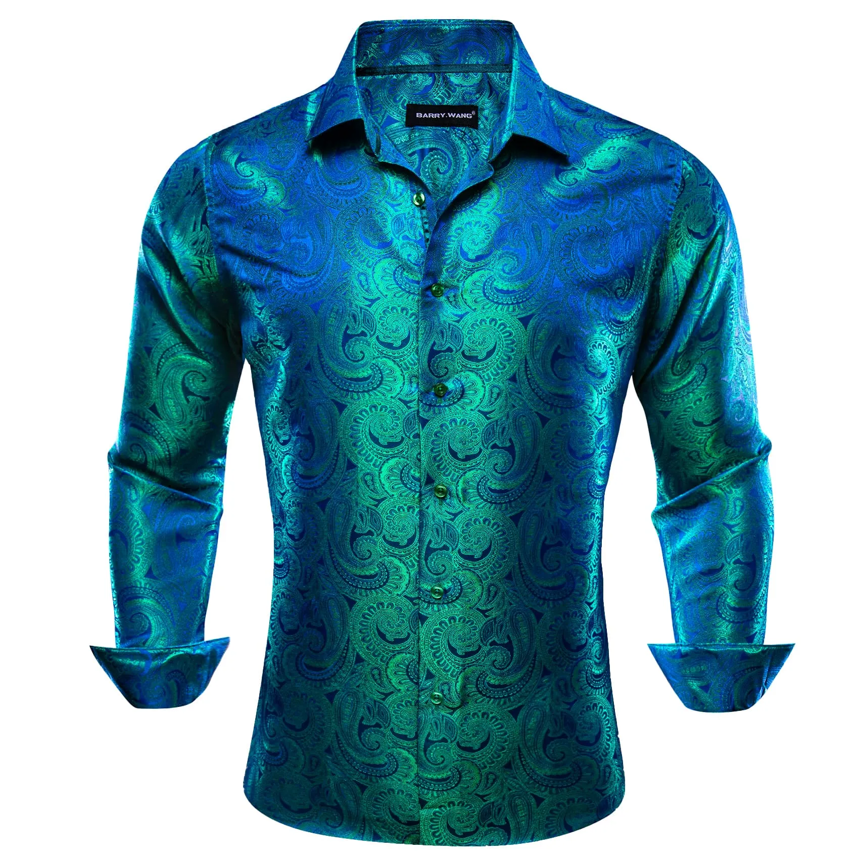 Barry Wang Blue Teal Green Shirt Men's Button Up Paisley Dress Shirt
