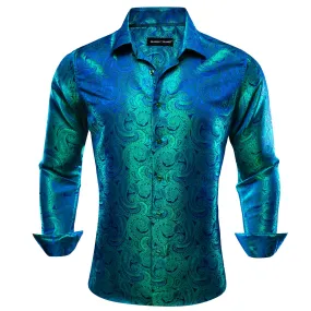 Barry Wang Blue Teal Green Shirt Men's Button Up Paisley Dress Shirt