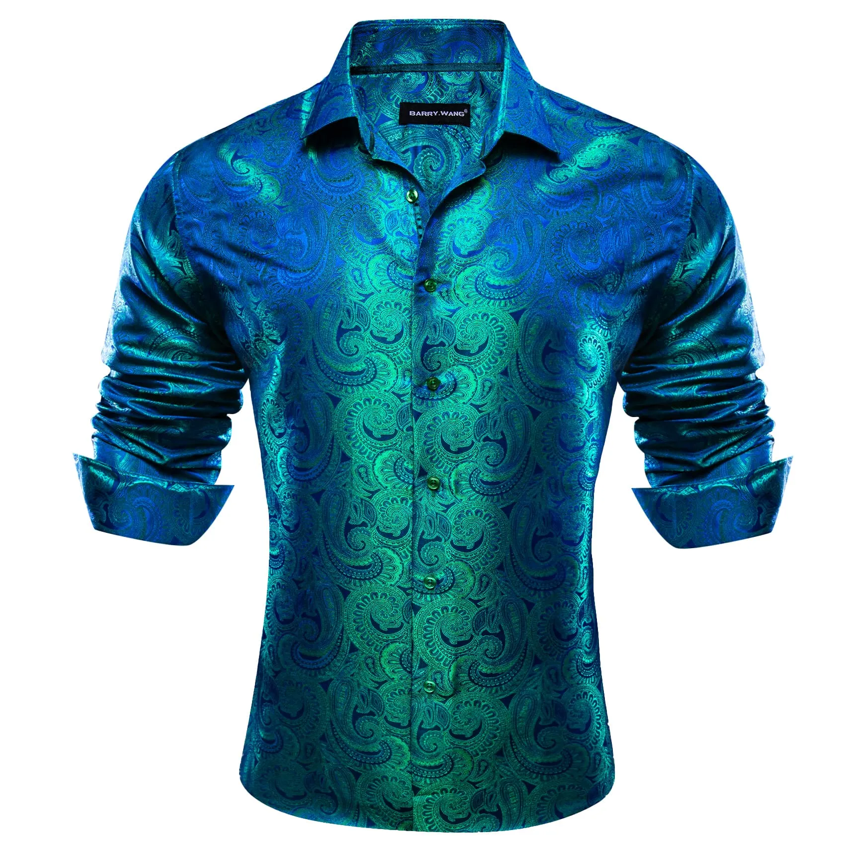 Barry Wang Blue Teal Green Shirt Men's Button Up Paisley Dress Shirt