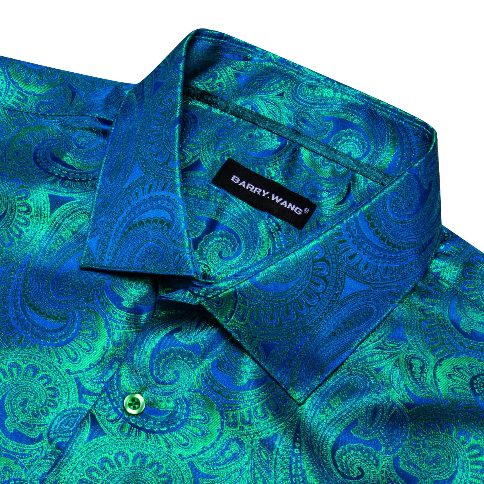 Barry Wang Blue Teal Green Shirt Men's Button Up Paisley Dress Shirt