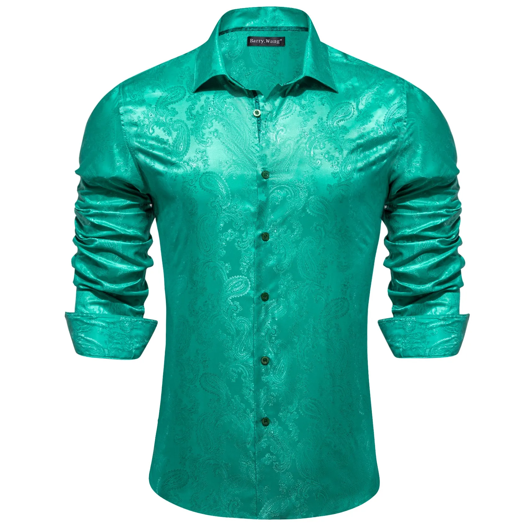 Barry Wang Dark Teal Green Paisley Silk Men's Square bottom Shirt