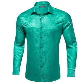 Barry Wang Dark Teal Green Paisley Silk Men's Square bottom Shirt