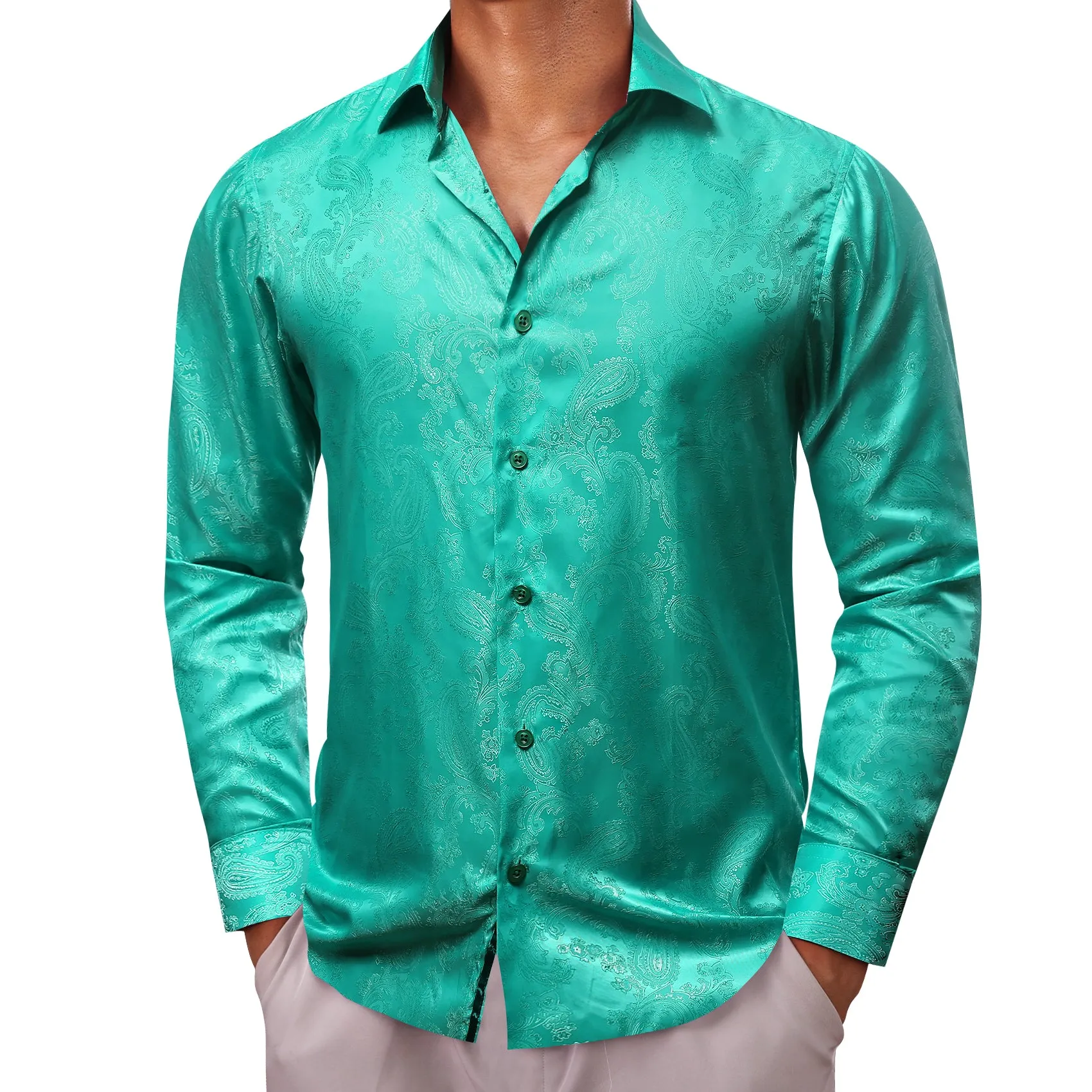 Barry Wang Dark Teal Green Paisley Silk Men's Square bottom Shirt