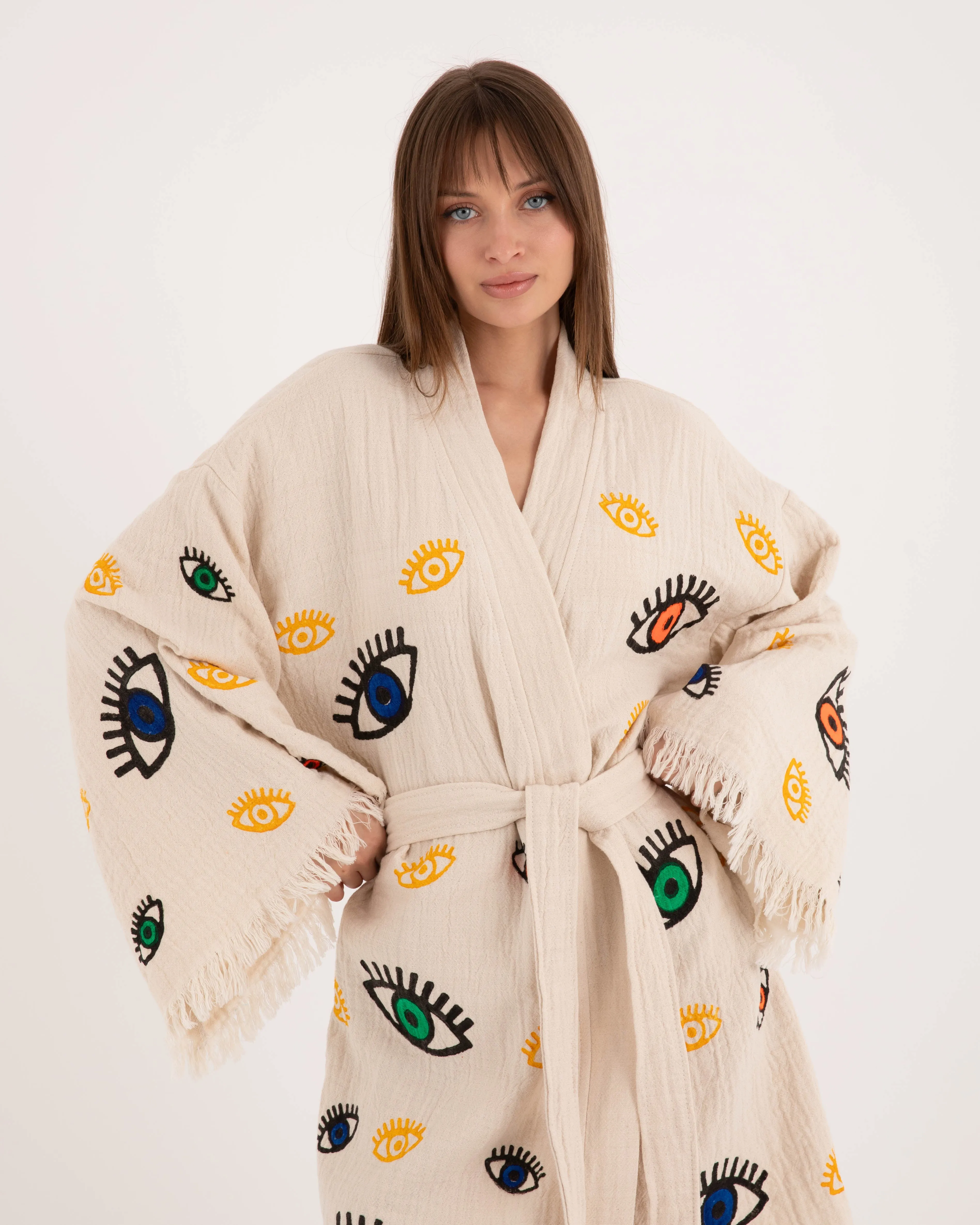 Beige Multi Eye Kimono